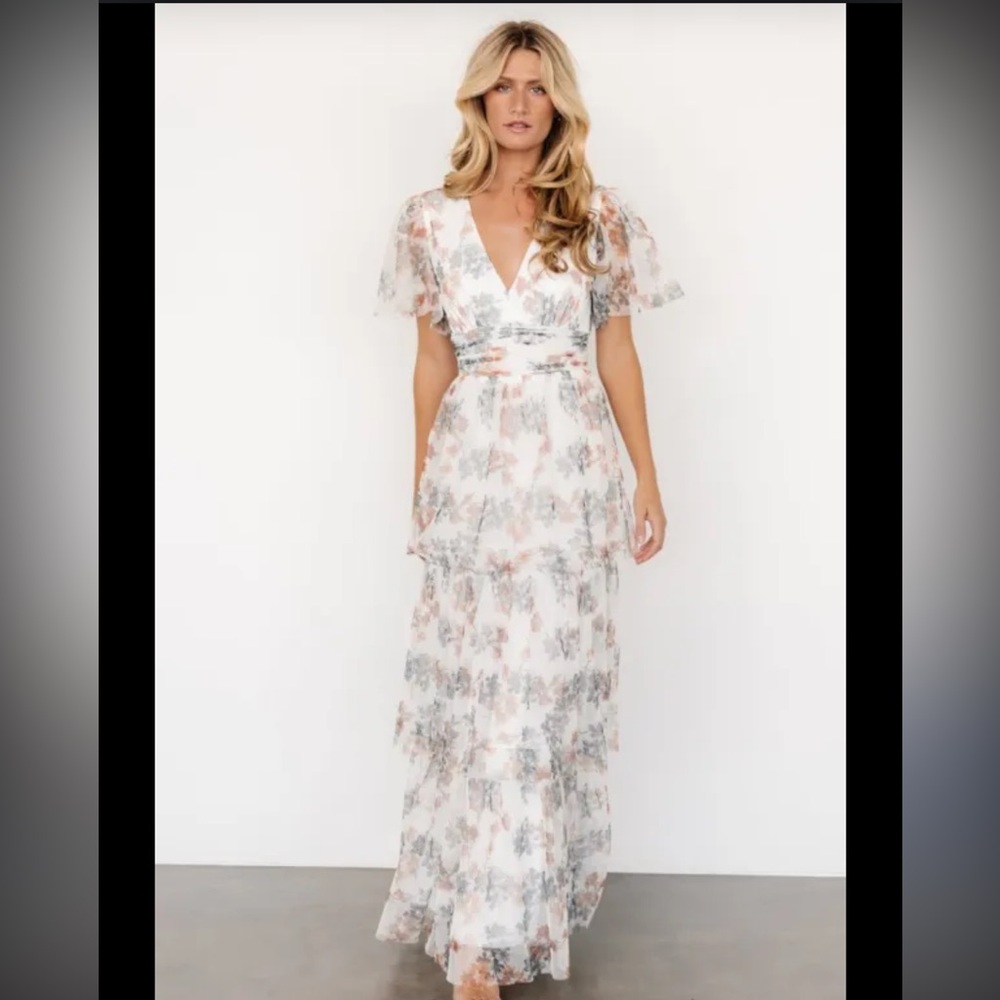 Baltic Born Floral Tiered V-Neck Maxi Dress in White, Pink, blue/green